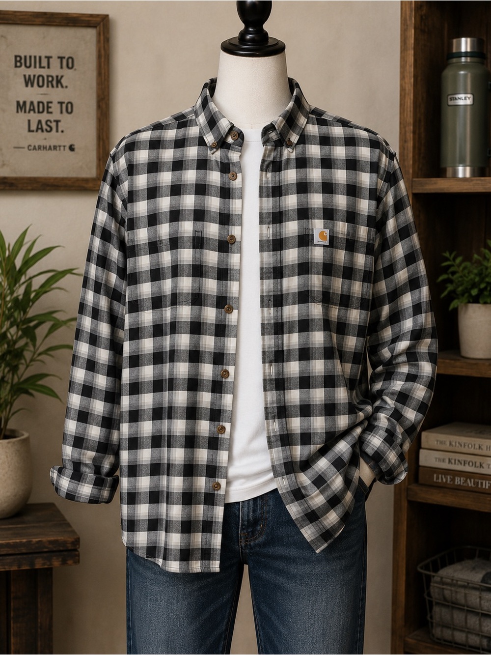 Carhartt Mens Flannel Shirt M Relaxed 103314 Hamilton Plaid Long Sleeve Gray - Picture 1 of 12